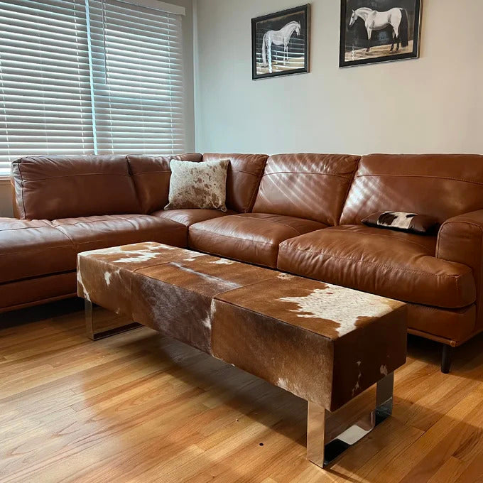 Custom made unique design genuine cowhide leather bench in living room with brown leather sofa