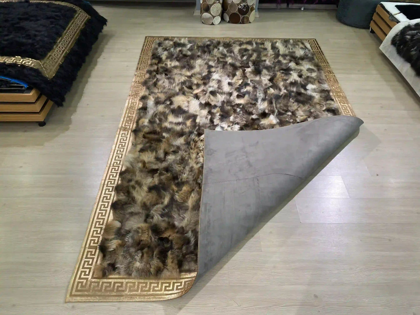 100 % Genuine Brown Mix Color Fox Fur Area Rug, Soft Fluffy Area Rug