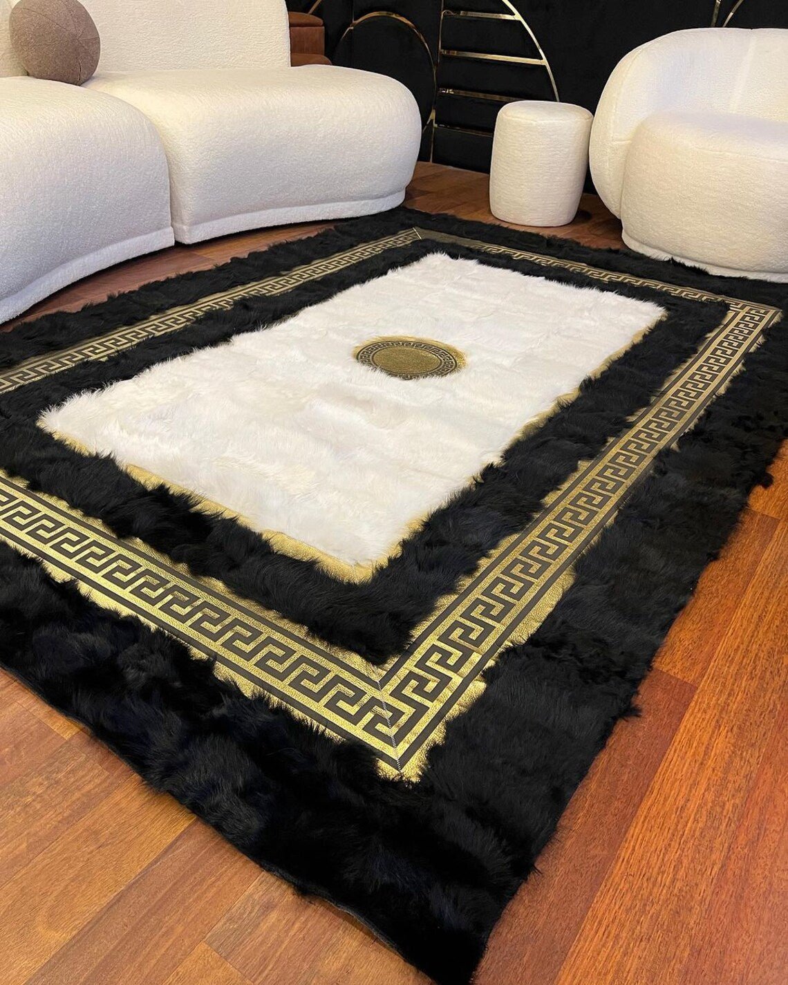 Natural sheepskin rug black and white handmade soft luxury floor decor