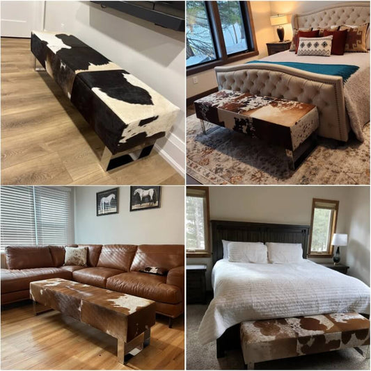 Unique Genuine Cow Skin Bench for Bed Room, Handmade Luxury Bench