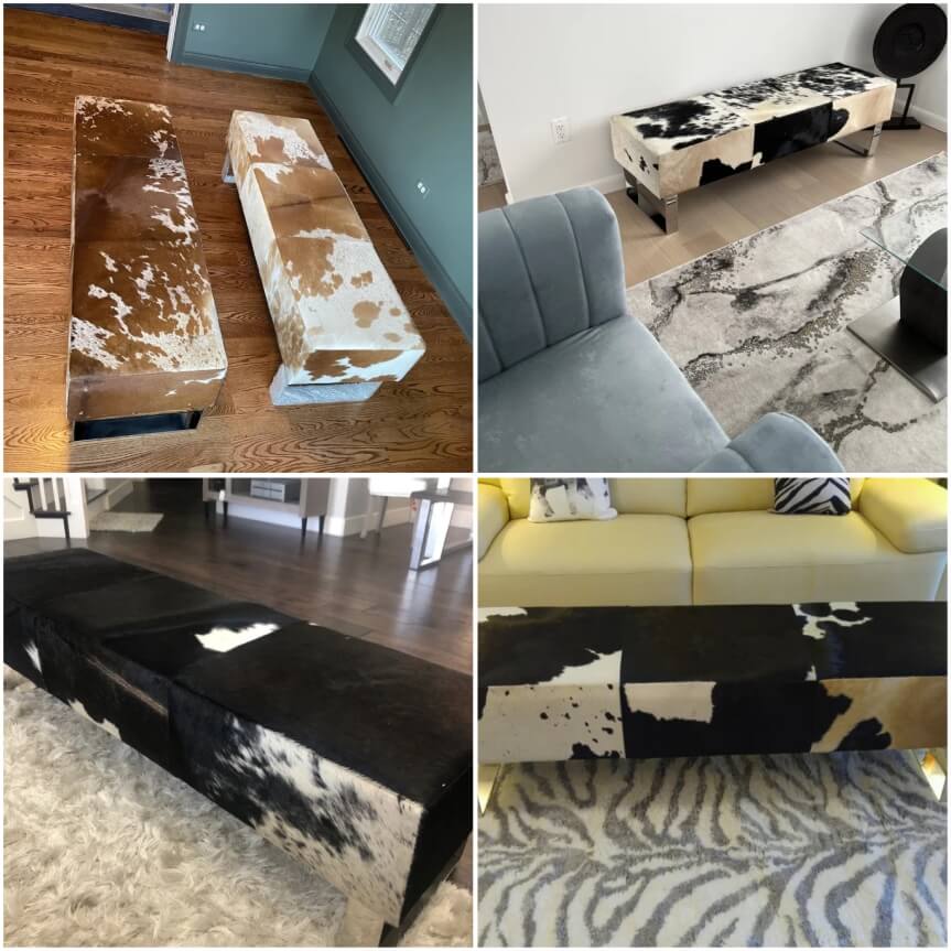 100% Genuine Leather Bench, Handmade Natural Cowhide Bench for Office