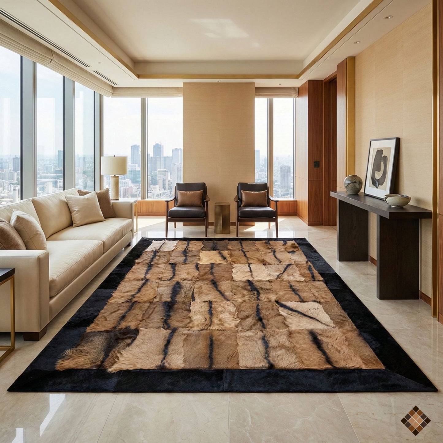 Natural Goatskin Area Rug with Black Suede Border - WONDERFURRUG