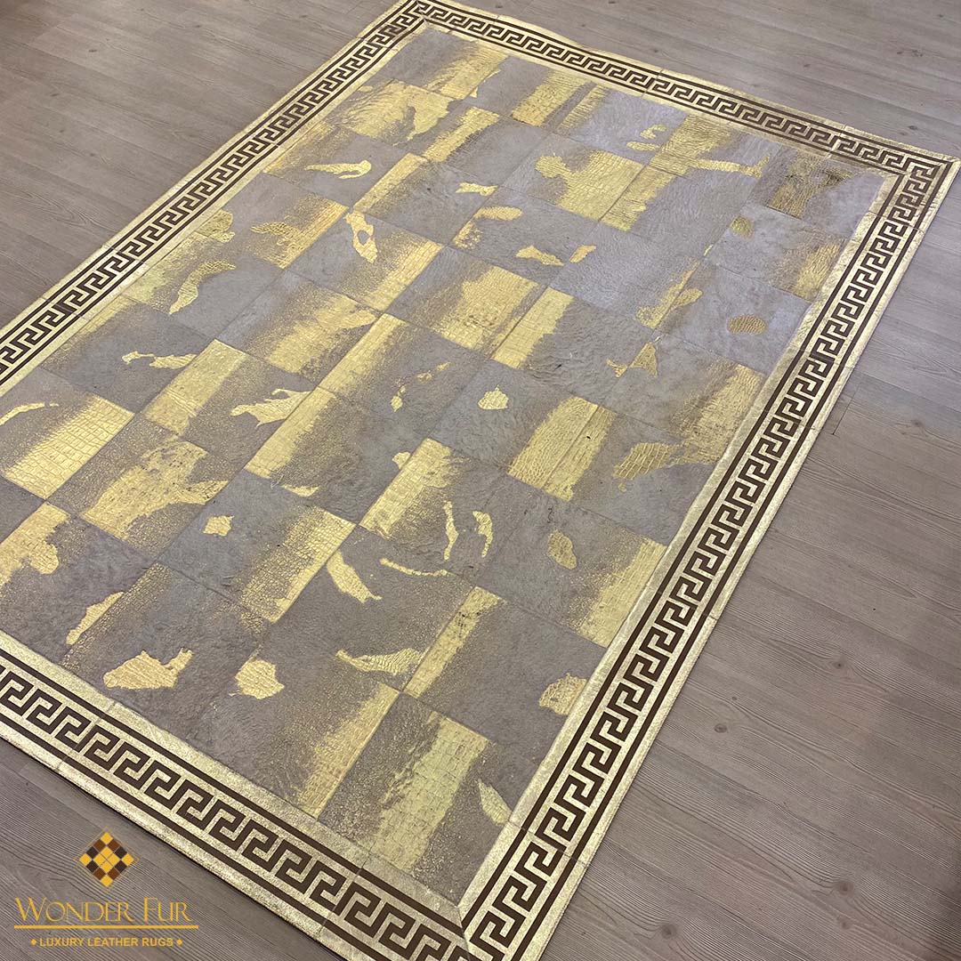 Unique Natural Sheepskin Gold-Edged Grey Area Rug with Elegant Gold Accents