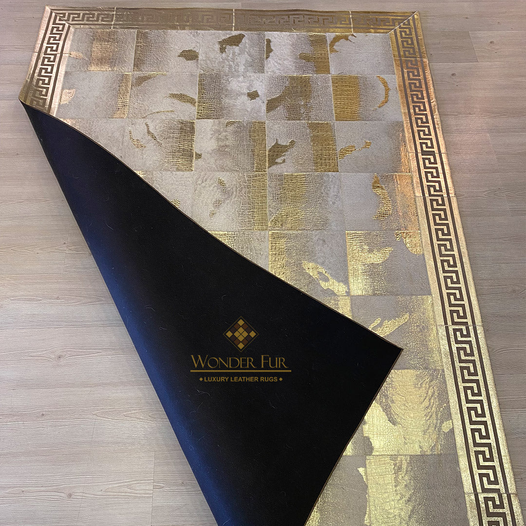 Unique Natural Sheepskin Gold-Edged Grey Area Rug with Elegant Gold Accents