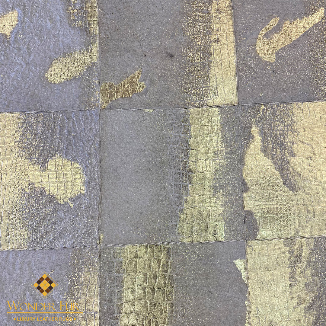 Unique Natural Sheepskin Gold-Edged Grey Area Rug with Elegant Gold Accents