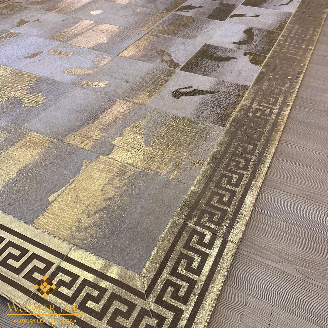 Unique Natural Sheepskin Gold-Edged Grey Area Rug with Elegant Gold Accents