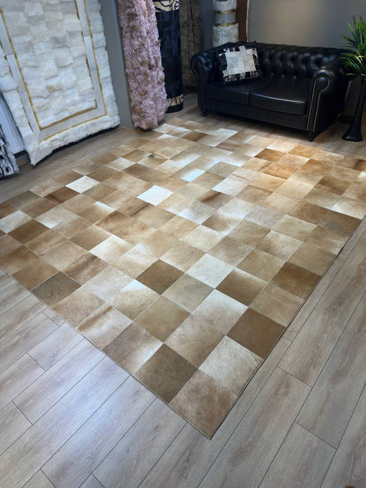 Beige customizable cowhide patchwork area rug handmade luxury carpet for bedroom