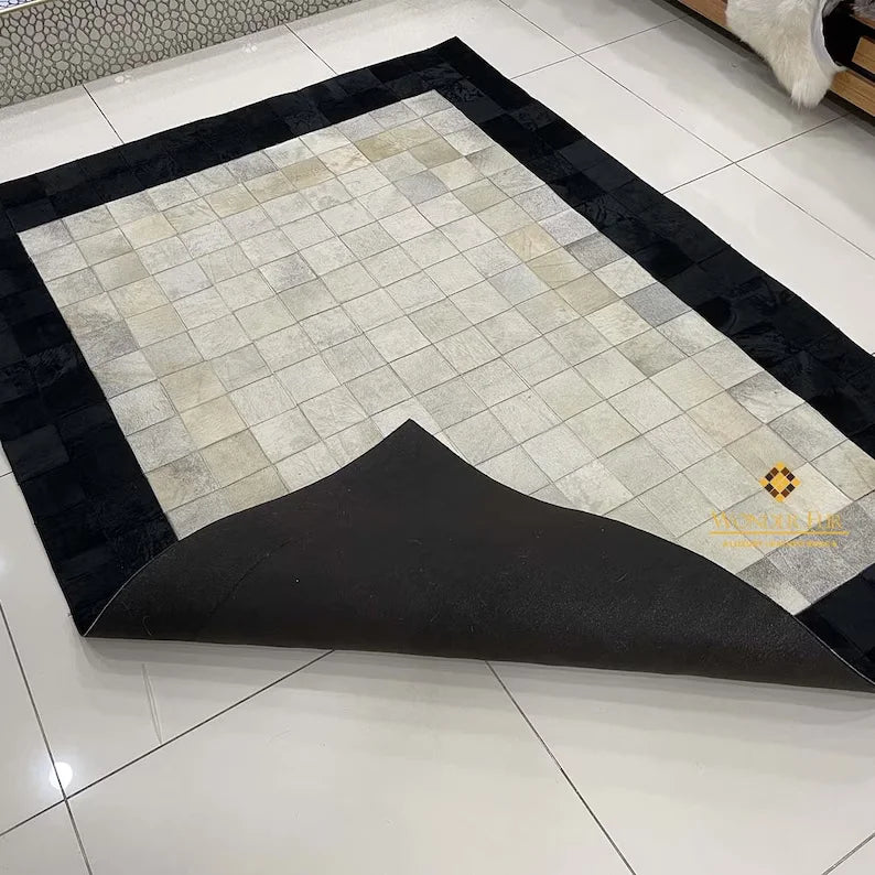 Black Bordered White Natural Cowhide Area 10x9 Rug, Hair on Leather Cow Skin Carpet - Wonder fur rug Rug Wonder Fur Rug Wonder fur rug