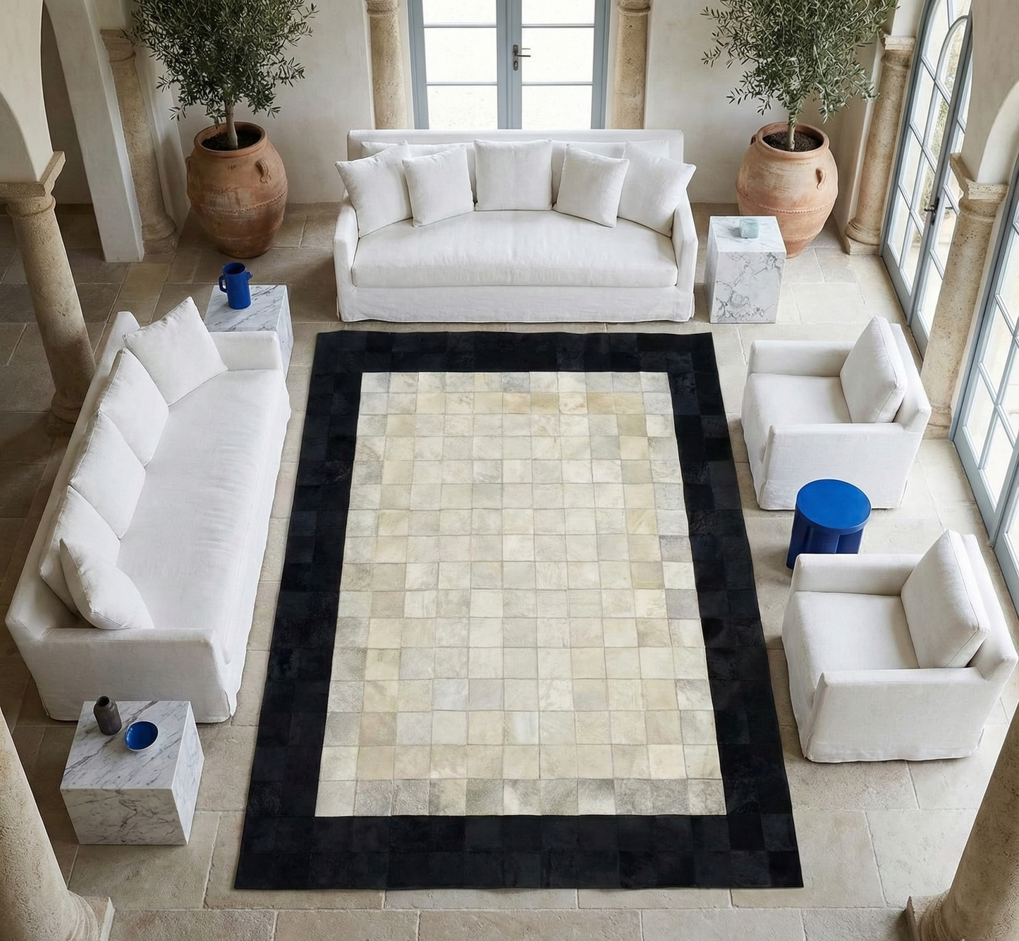 Black Bordered White Natural Cowhide Area 10x9 Rug, Hair on Leather Cow Skin Carpet