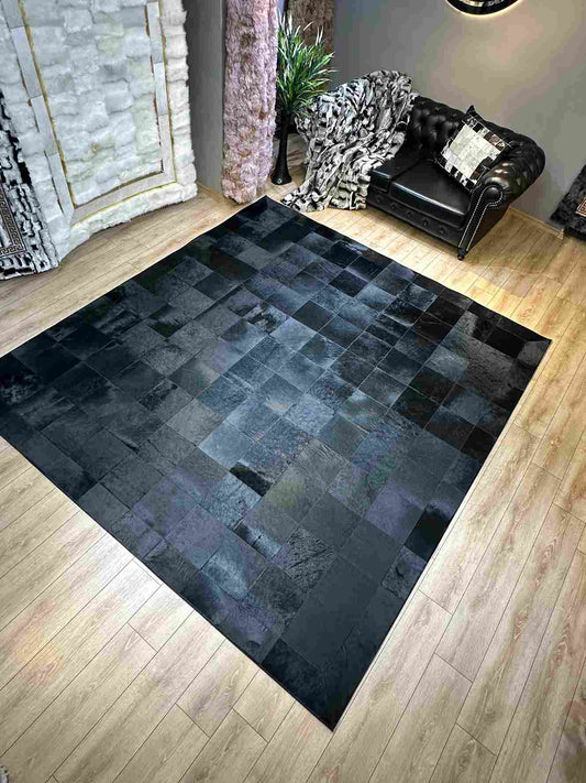 Black customizable cowhide area floor rug handmade patchwork luxury carpet in modern living room