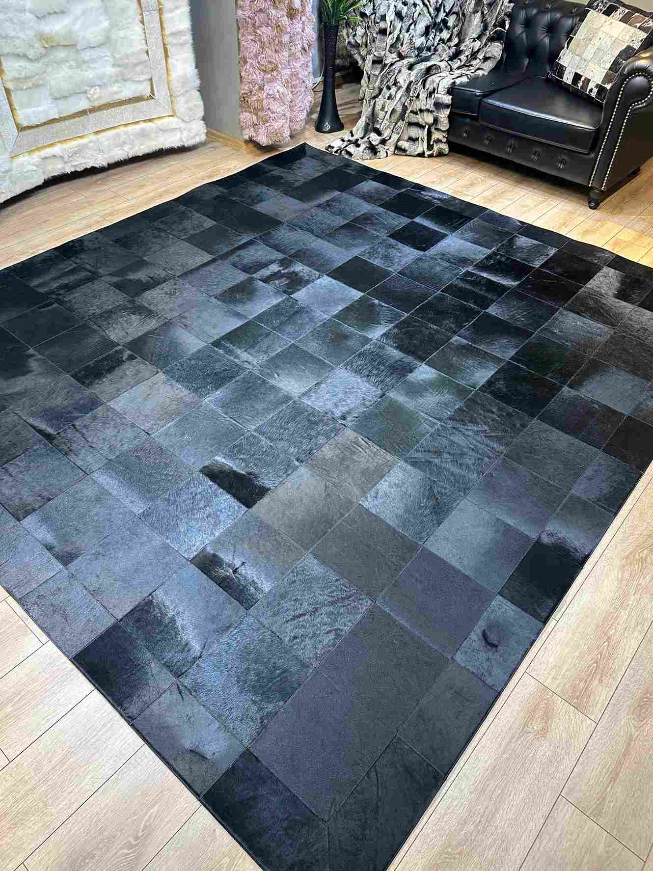 Black Customizable Cowhide Area Floor Rug - Handmade Luxury Carpet