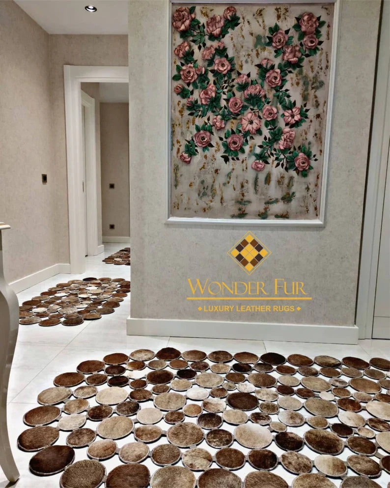 Brown Natural Cowhide Patchwork Rug, Handmade Runner Rug for Hallway