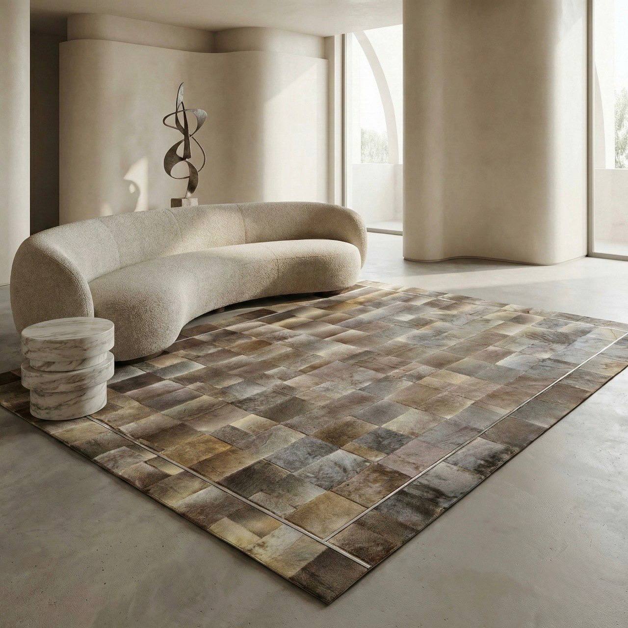 Brown Patchwork Cowhide Rug | Handmade Genuine Leather Carpet with Beige Accents