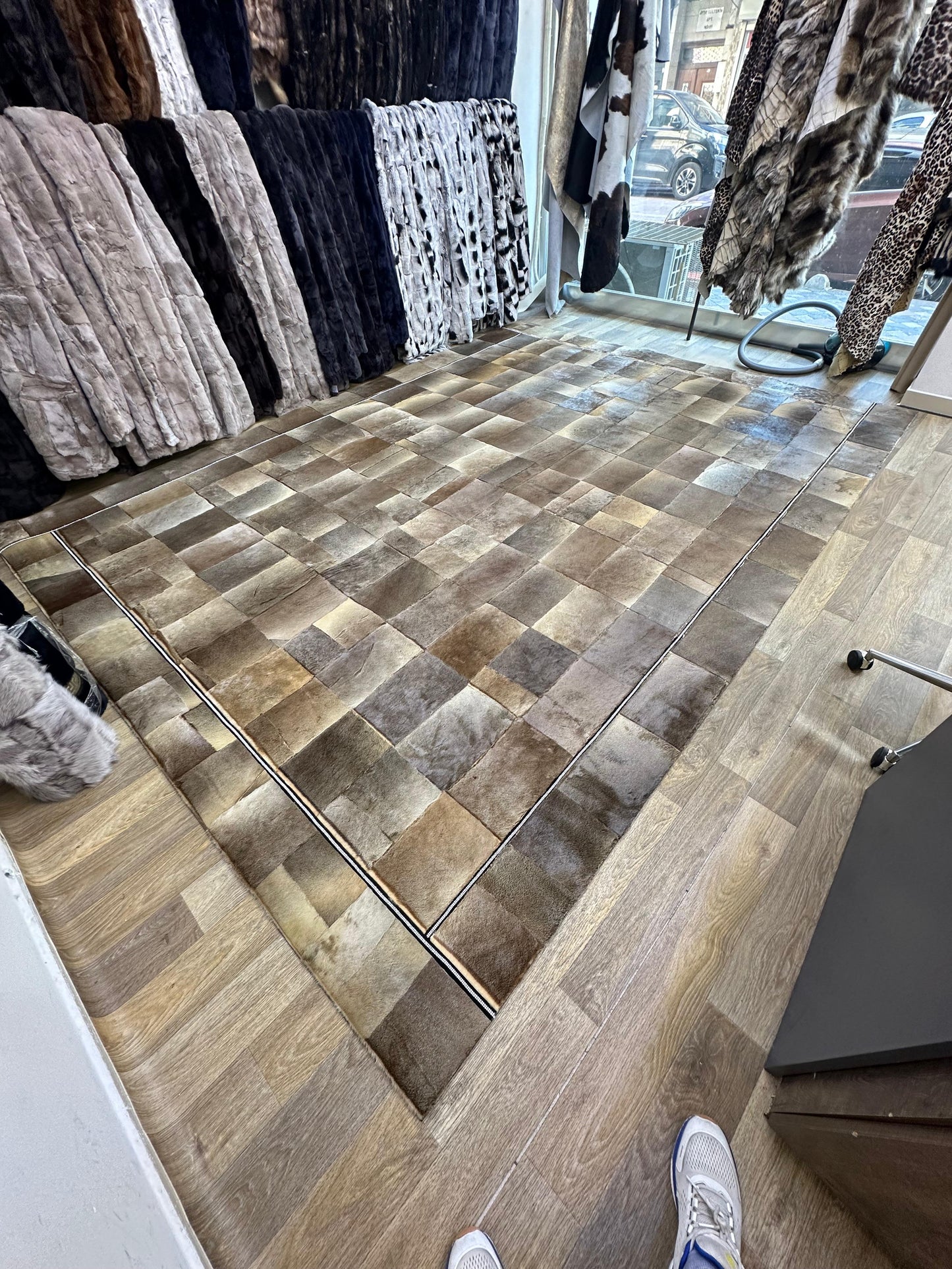 Brown Patchwork Cowhide Rug | Handmade Genuine Leather Carpet with Beige Accents