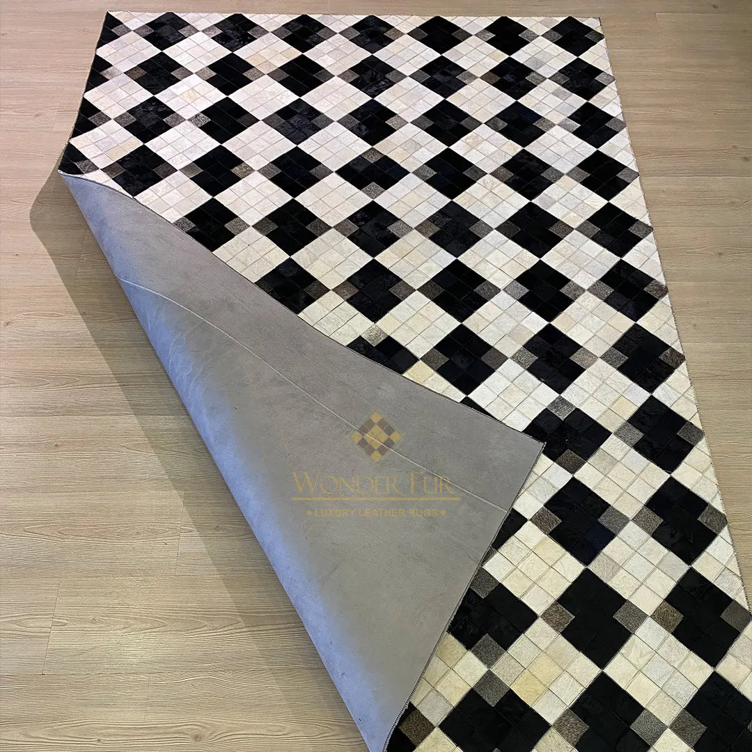 Cream and Black Pattern Natural Handmade Cowhide Patchwork Rug for Living Room