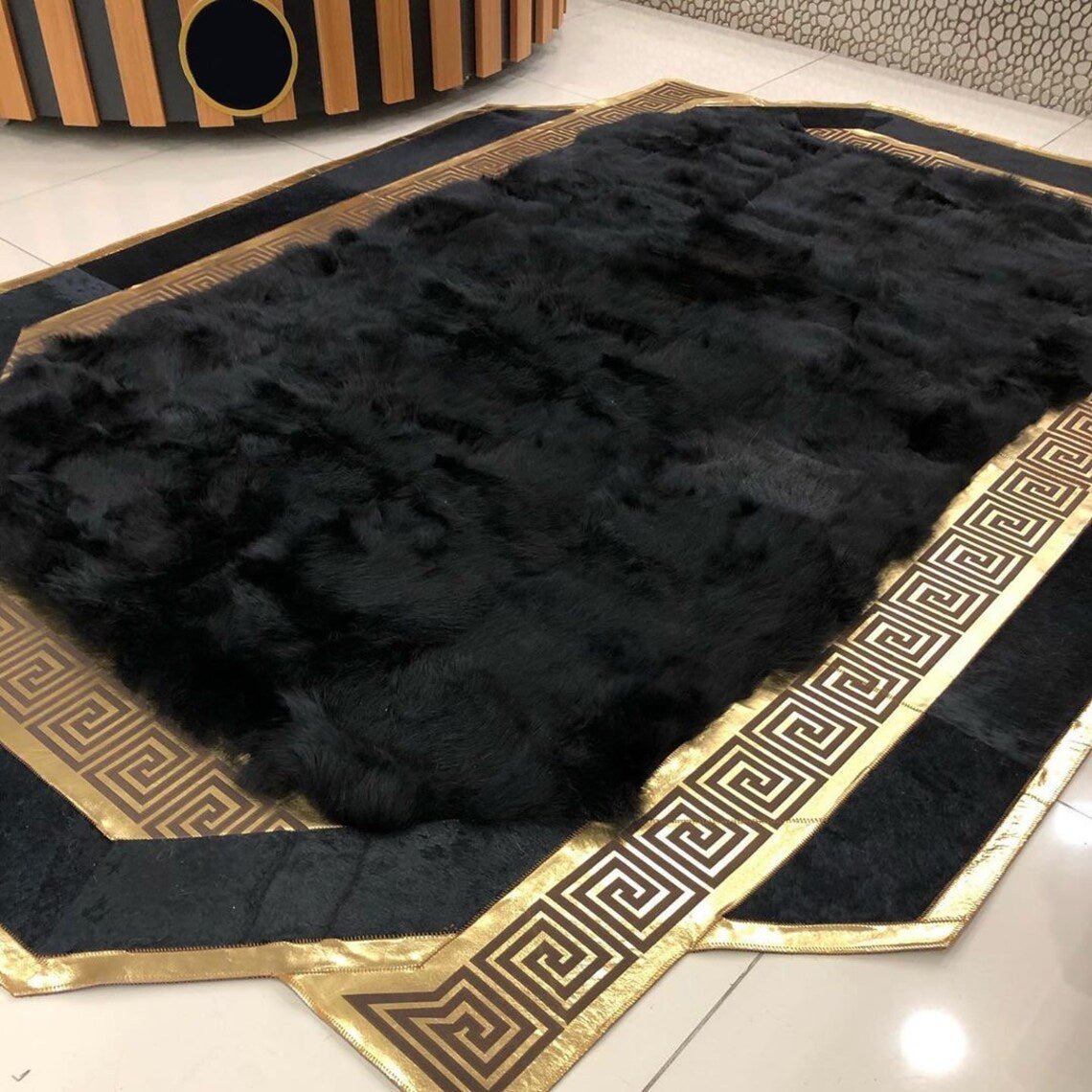 Elegant Black Handmade Natural Sheepskin Area Rug,Wool Living Room Rug