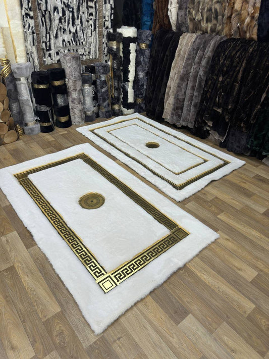 White gold faux fur rug with elegant geometric design on wooden floor in showroom
