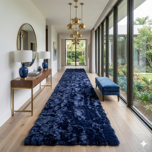 Deep Blue Genuine Rabbit Fur Rug — Handmade Luxury Statement Piece