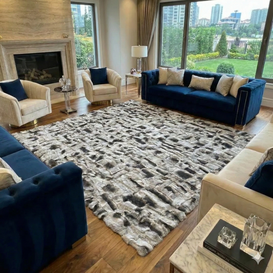 Handmade Gray Rabbit Fur Area Rug with Greek Key Border