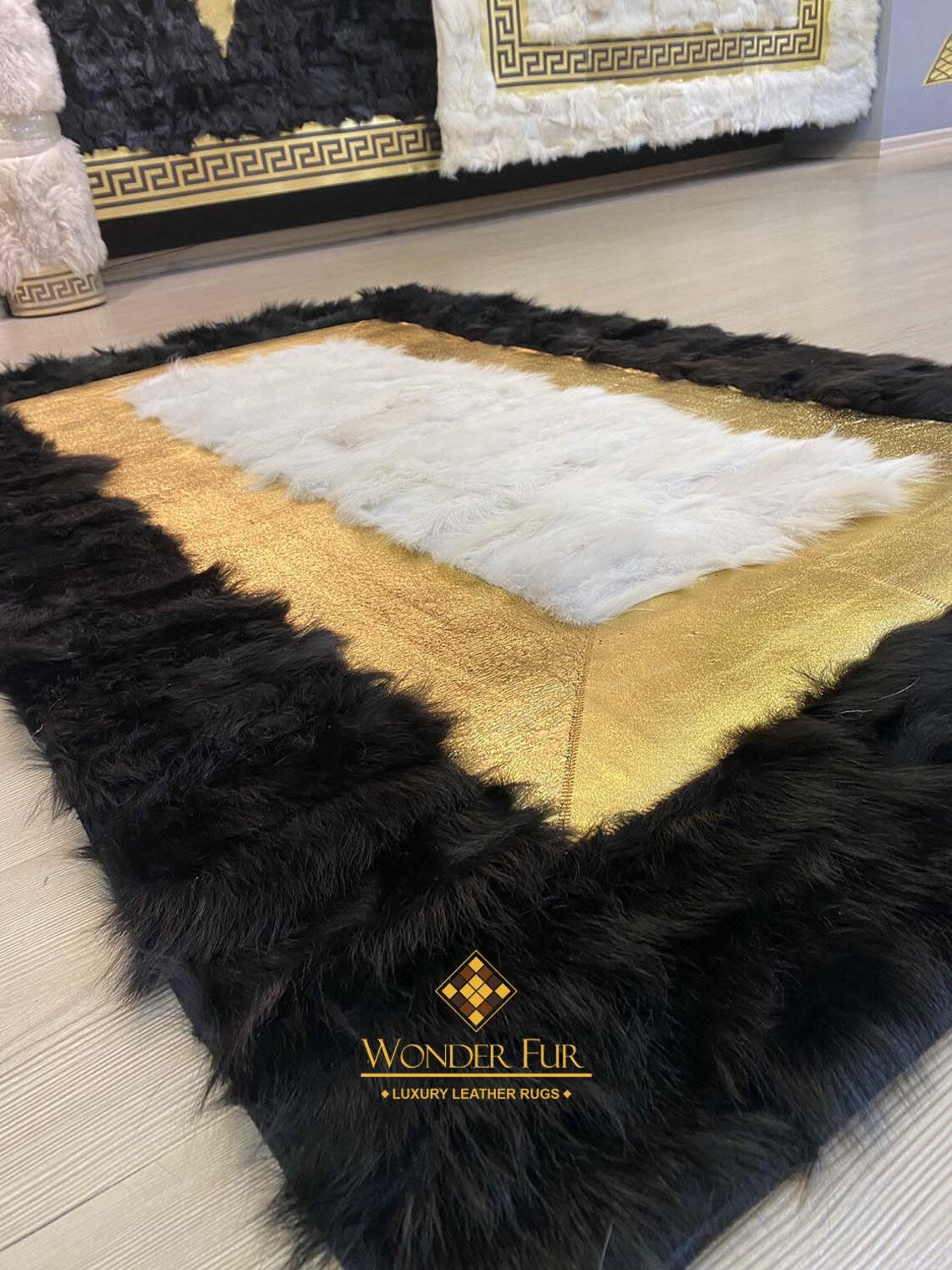Genuine Unique Black Gold White Sheepskin 3x5 Area Living Room Carpet