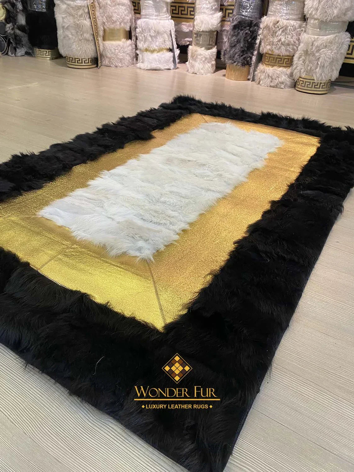 Genuine Unique Black Gold White Sheepskin 3x5 Area Living Room Carpet