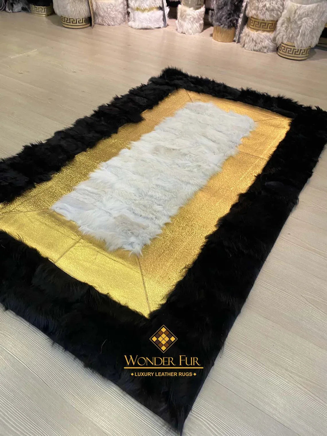 Genuine Unique Black Gold White Sheepskin 3x5 Area Living Room Carpet