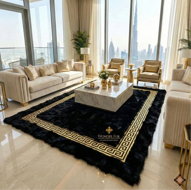 Genuine Black Sheepskin Rug with Gold Greek Key Border