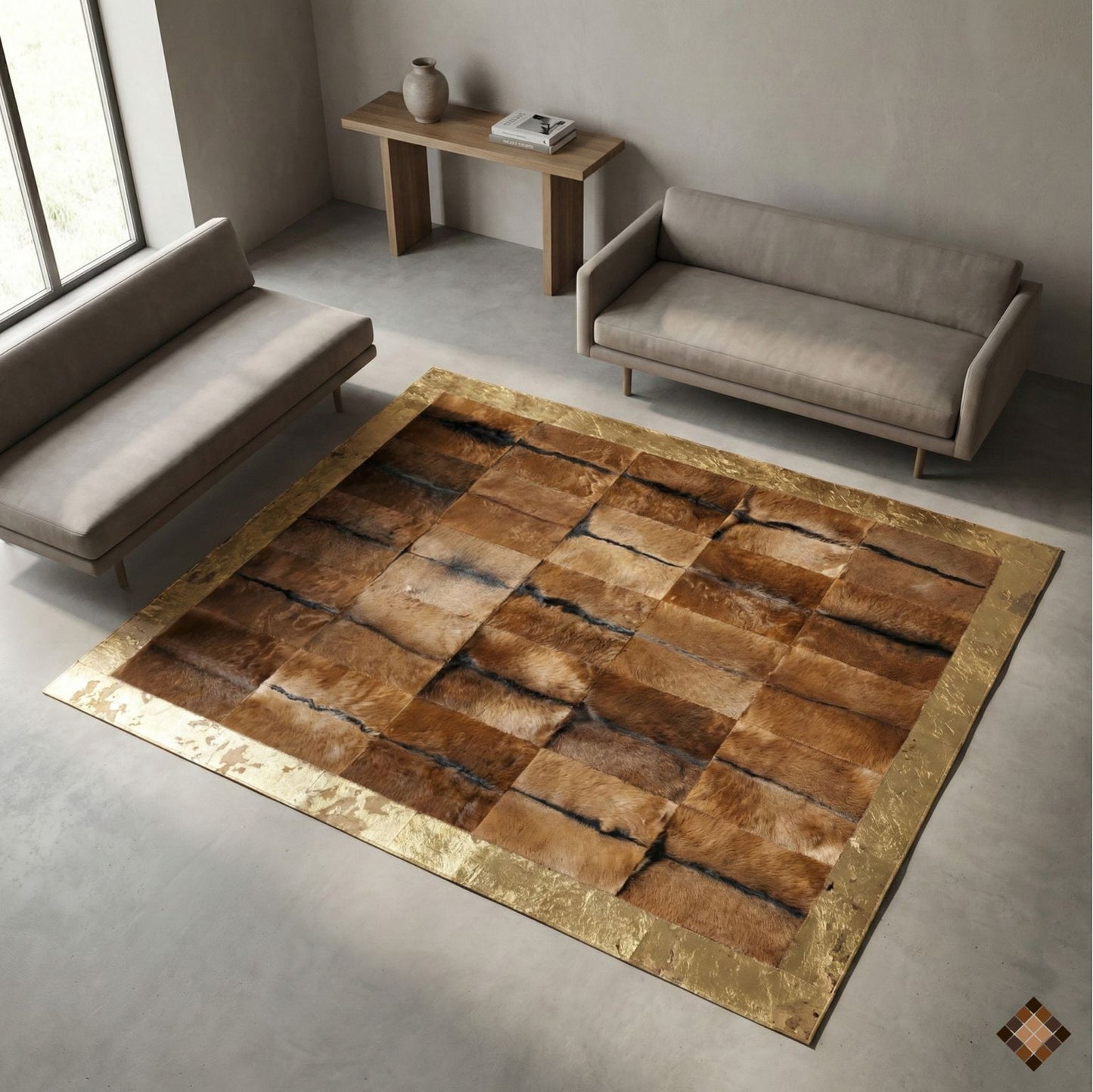Genuine Goatskin Patchwork Rug with Gold Trim - WONDERFURRUG