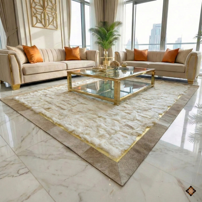 Transform your home with our handmade white sheepskin rug featuring a stunning gold and natural hide border. Custom-made luxury for your ultimate comfort.
