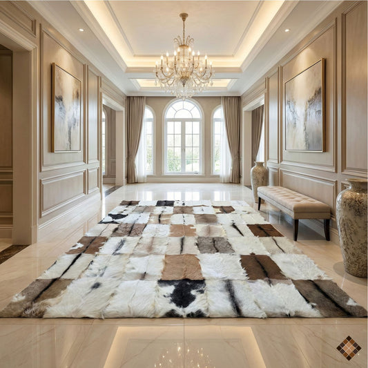 Goatskin Patchwork Rug with Gold Trim – Handmade Luxury Hide