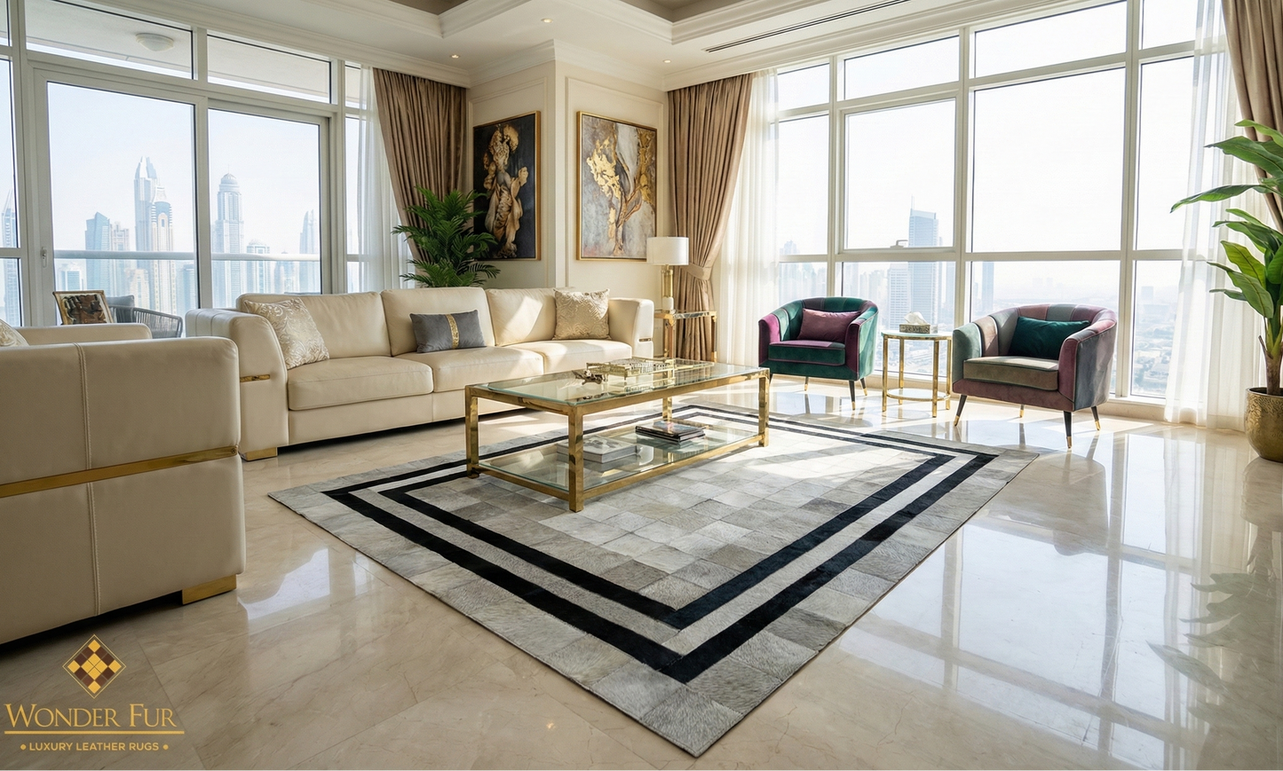 Gray and Black Pattern Cowhide Area Rug for Living Room Handmade Genuine Carpet - WONDERFURRUG