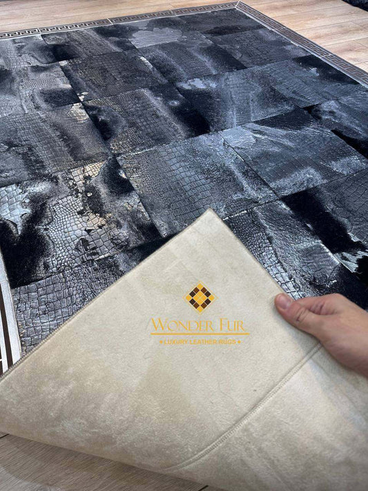 Black and silver sheepskin rug handmade from genuine sheepskin with soft texture and elegant two-tone design