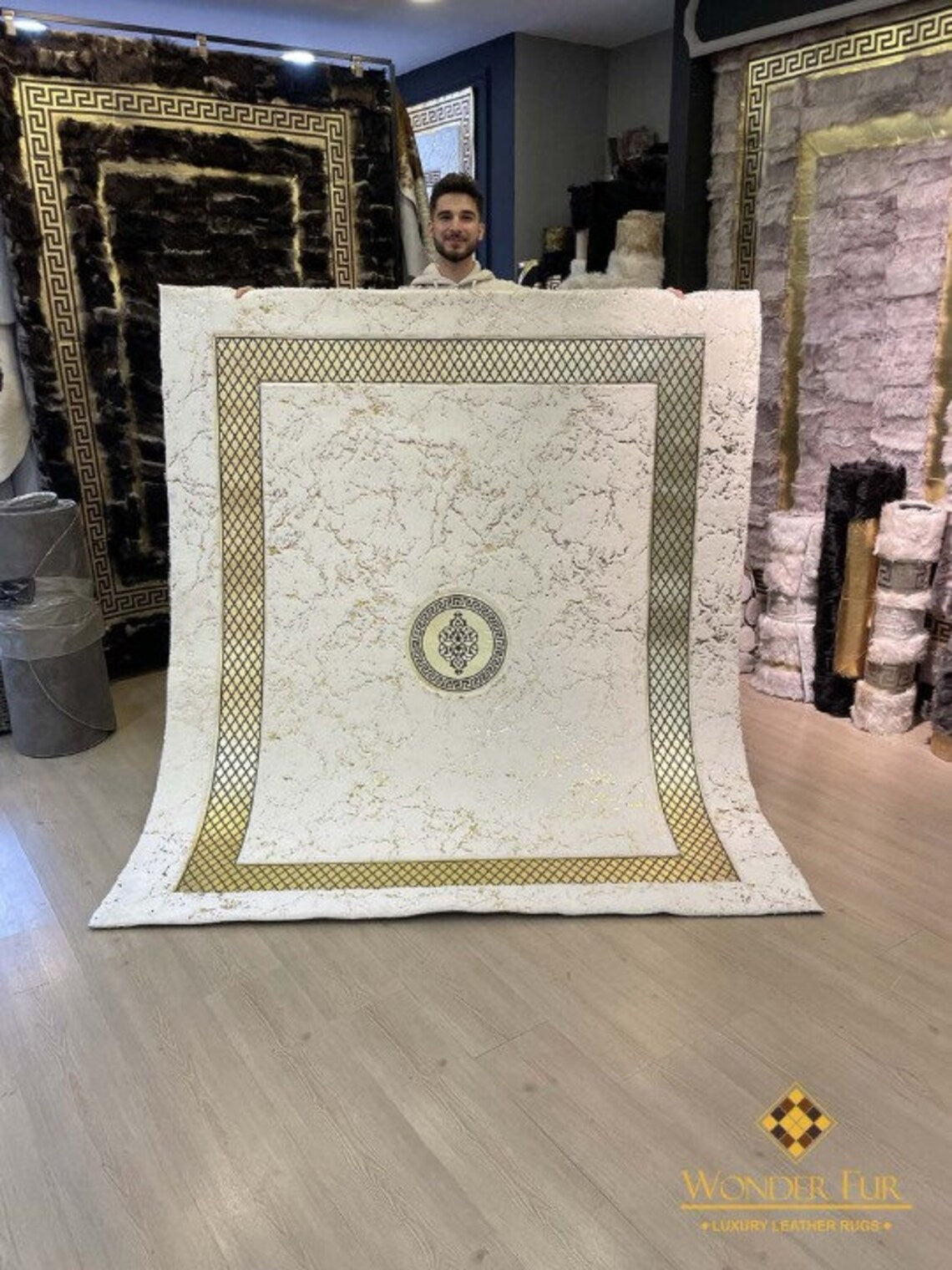 Handmade Luxury Plush White And Gold Faux Fur 8x10 Area Bedroom Carpet