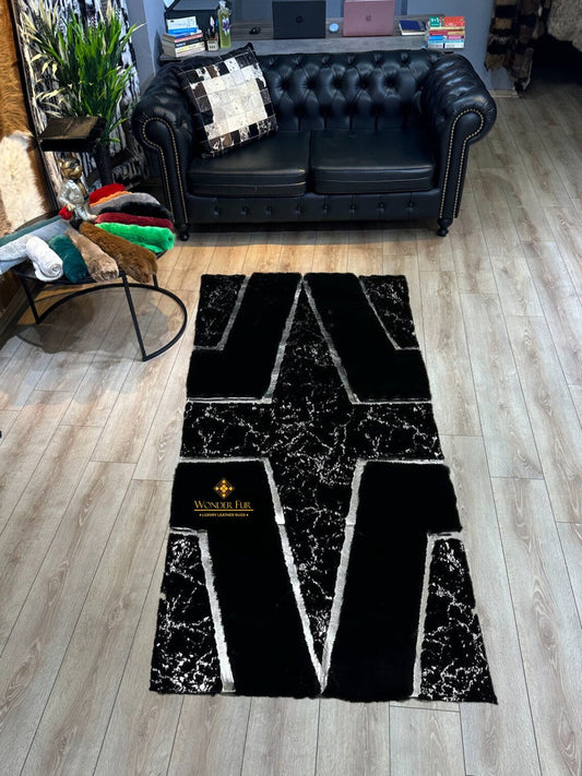 Handmade Plush Black And Silver Faux Fur Living Room Rug , Soft Carpet