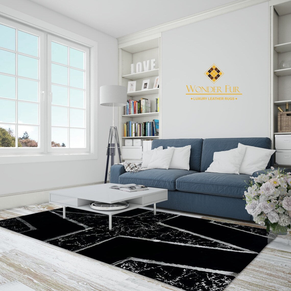 Handmade Plush Black And Silver Faux Fur Living Room Rug , Soft Carpet