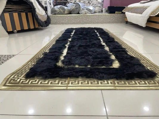 Modern Luxury Black Gold Natural Sheepskin Handmade Soft Runner Carpet