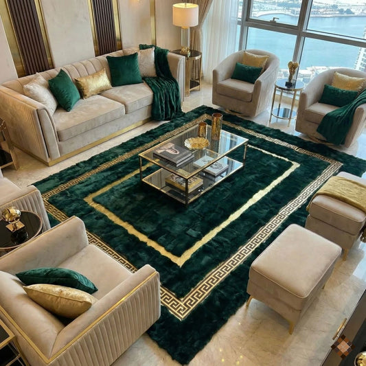 Handmade Deep Green Rabbit Fur Area Rug with Gold Border