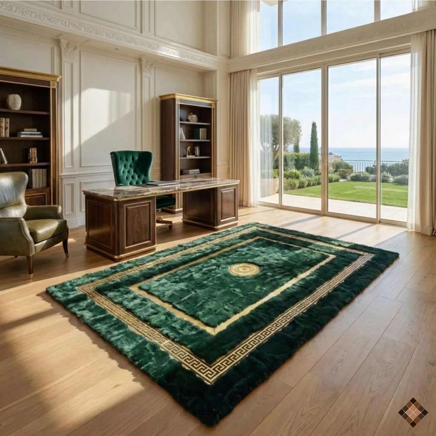 Handmade Deep Green Rabbit Fur Area Rug with Gold Border