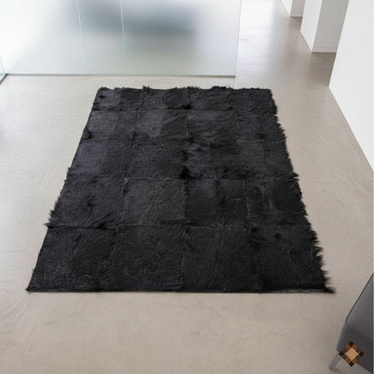 Handmade Genuine Black Goatskin Patchwork Rug