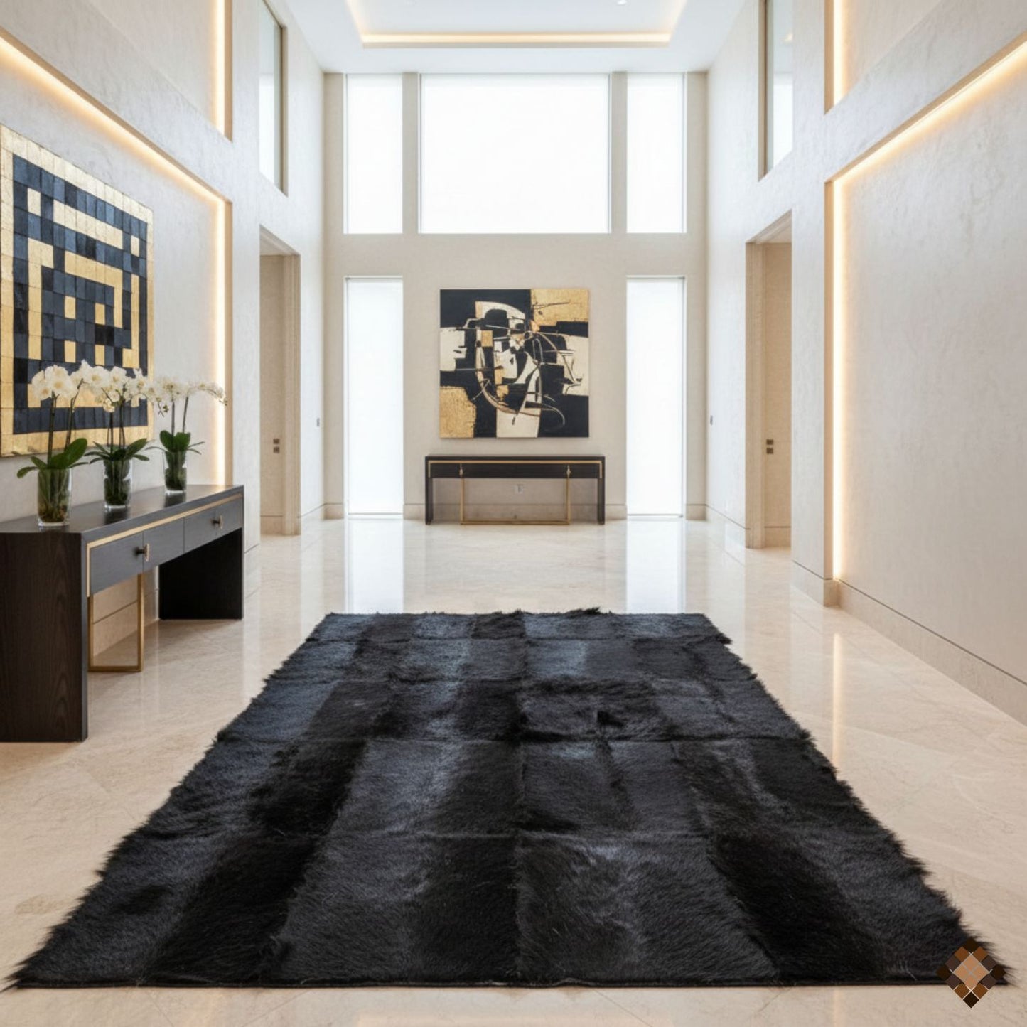 Handmade Genuine Black Goatskin Patchwork Rug