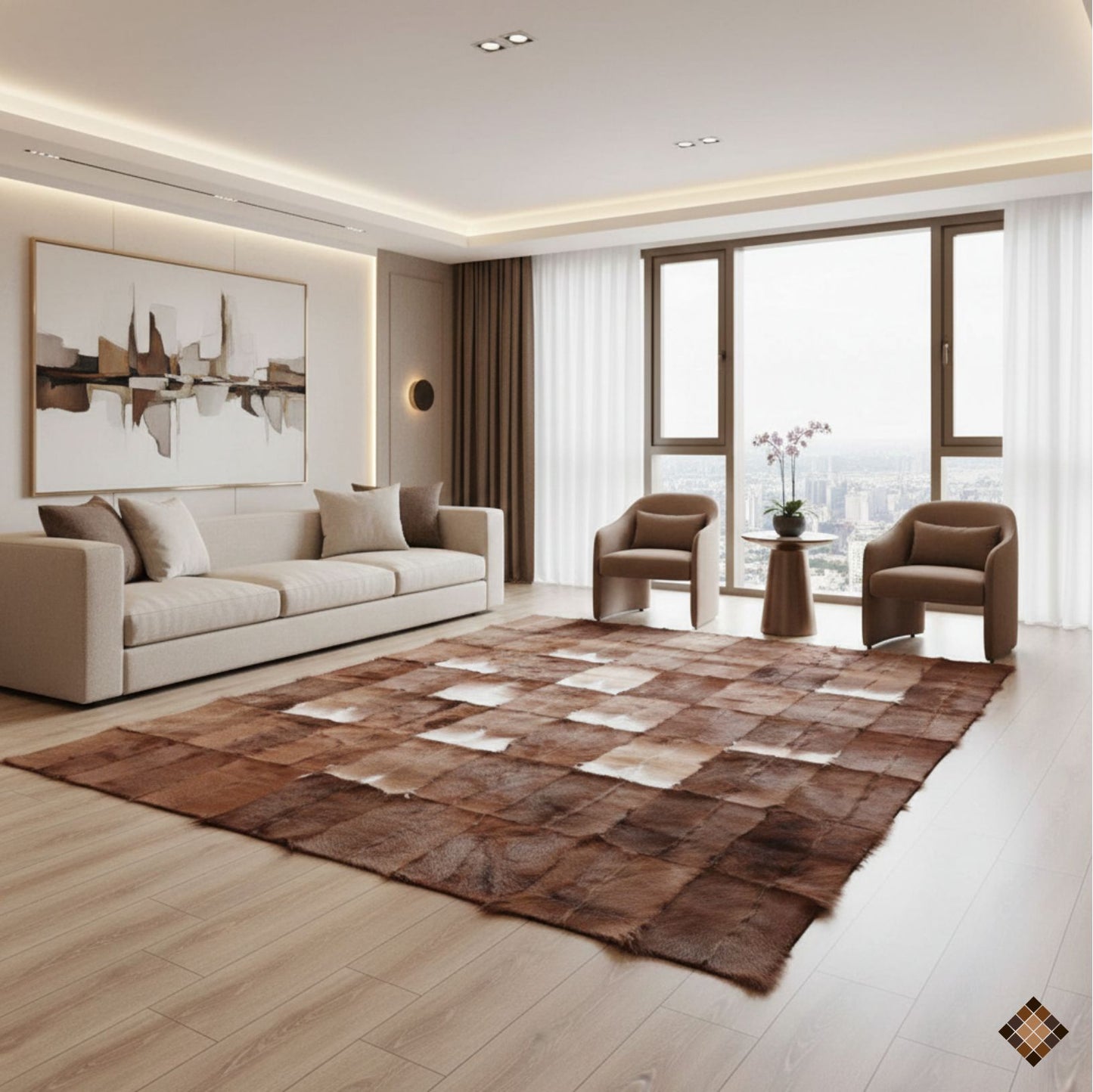 Handmade Genuine Brown Goatskin Patchwork Area Rug