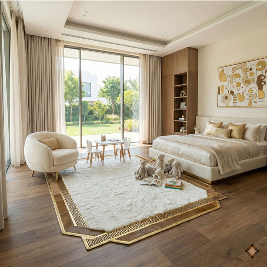 Handmade geniuen White Rabbit Fur Area Rug with Natural Cowhide Border