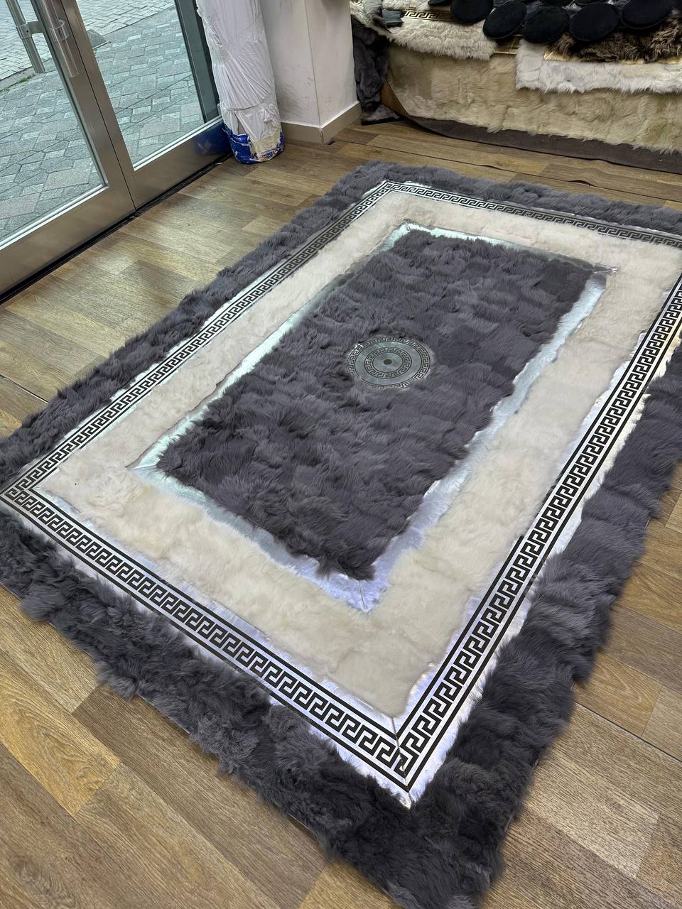 Handmade Gray Beige Sheepskin Rug for Living Room