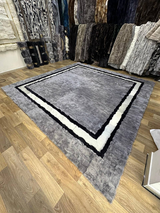Ultra soft high-quality natural rabbit fur rug handmade luxury carpet with gray and black border design on wooden floor