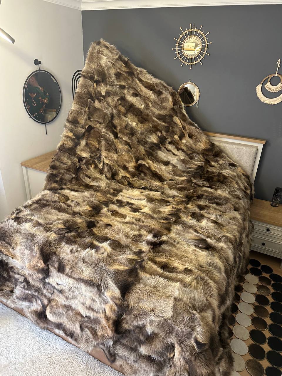 Handmade Natural Raccoon Fur Bedspread, 100% Handmade Shaggy Throw Blanket