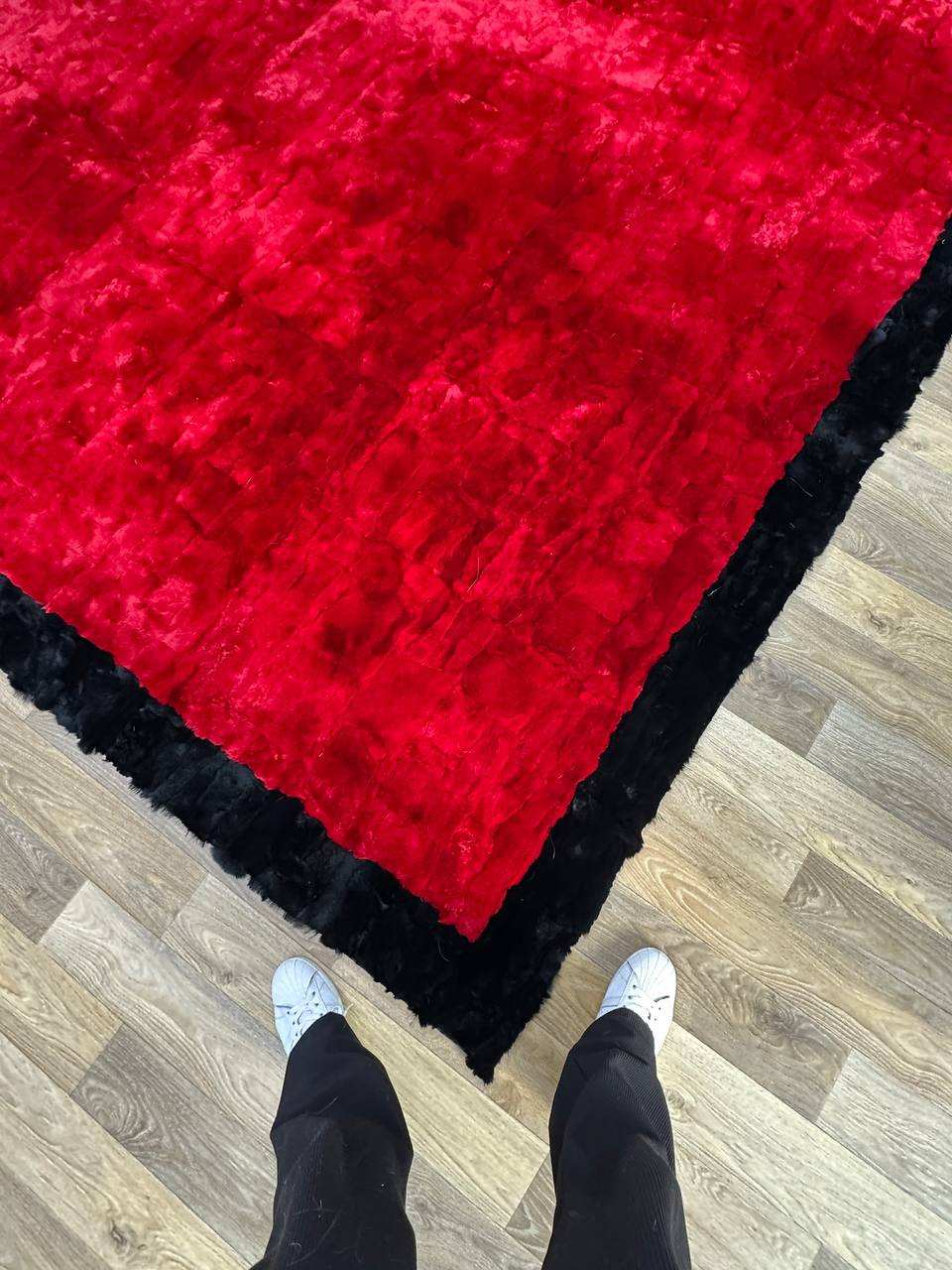 Handmade Red & Black Natural Soft Rabbit Fur Rug - Luxurious & Elegant