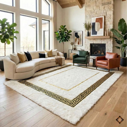 Handmade White Rabbit Fur Area Rug with Gold Greek Key Border