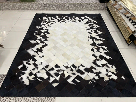 Black and White Living Room Carpet, Natural Handmade Cowhide Area Rug, Modern Designed Carpet, Cowhide Rug