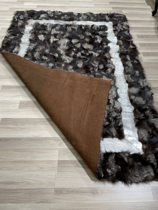 Luxury Handmade Black & Ivory Fox Fur Area Rug