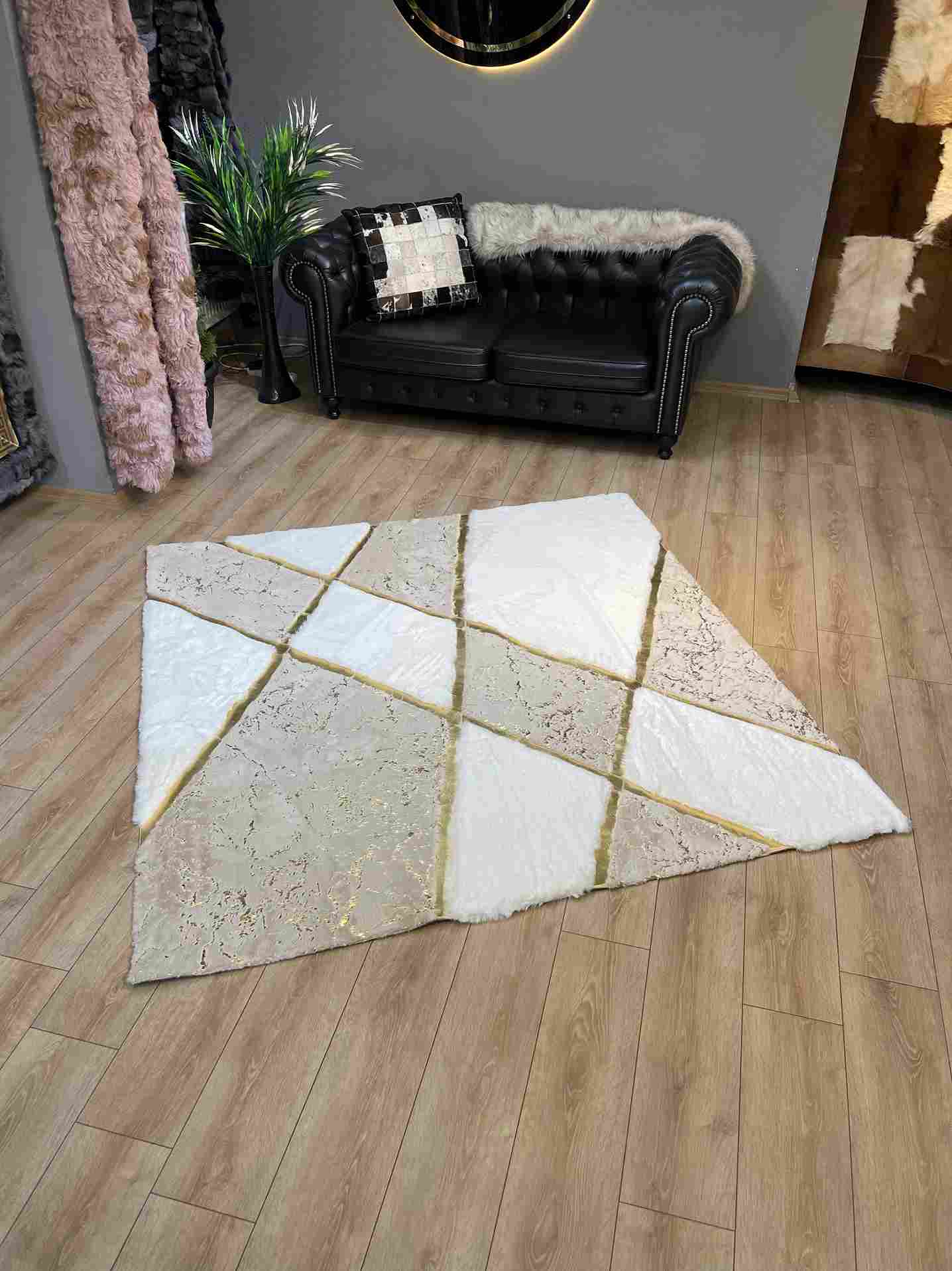 Beige white luxury faux fur rug with geometric design in modern living room